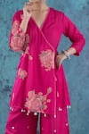 Kacha Tanka_Pink Cotton Satin Applique Floral V Neck Flower Angarkha Kurta Set _Online_at_Aza_Fashions