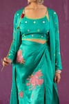 Kacha Tanka_Green Cotton Satin Applique Floral Square Mirror Embellished Jacket Skirt Set _Online_at_Aza_Fashions