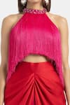 431-88 by Shweta Kapur_Fuchsia Satin Stone And Fringe Tassels Top  _Online_at_Aza_Fashions