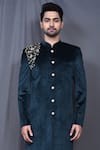 Adara Khan_Green Sherwani Velvet Embroidered Floral Asymmetric And Pant Set_Online_at_Aza_Fashions