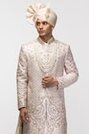 Asuka_Beige Chanderi Silk Embroidery Sequins Floral Sherwani Set _Online_at_Aza_Fashions