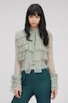 Shruti S_Green Chiffon Bandeau Neck Ruffle Shirt _Online_at_Aza_Fashions