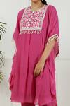 Buy_OMI_Pink Linen, Crepe Embroidery, Lace Round Neck Floral Yoke Kaftan And Pant Set_Online_at_Aza_Fashions