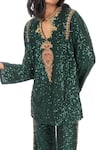 Monisha Jaising_Green Sequin Embroidered Notched Work Short Tunic And Pant Set  _Online_at_Aza_Fashions