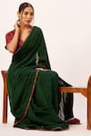 Buy_Zariya the Label_Green Saree Paper Silk Handblock Print Placed Patch Pre-draped With Blouse 