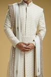 Kommal Sood_Off White Dupion Silk Embroidered Paisley Motifs Sherwani Set With Stole  _Online_at_Aza_Fashions