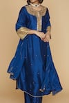 Label Niti Bothra_Blue Silk Pitta, Marodi Keyhole Neck And Sleeves Kurta Set _Online_at_Aza_Fashions