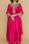 Label Niti Bothra_Pink Silk Pitta, Marodi Keyhole Neck And Sleeves Kurta Set _Online_at_Aza_Fashions