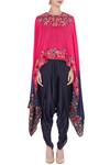Shop_Debyani + Co_Blue Habutai Silk Embroidery Floral Chanderi Cape With Draped Pants _Online_at_Aza_Fashions