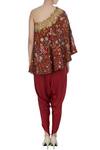 Shop Debyani + CO Maroon Chiffon, Modal Off-shoulder Floral Embroidered Cape With Draped Pants at Aza Fashions Shop_Debyani + CO_Maroon Chiffon, Modal Off-shoulder Floral Embroidered Cape With Draped Pants _at_Aza_Fashions