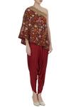 Debyani + CO Maroon Chiffon, Modal Off-shoulder Floral Embroidered Cape With Draped Pants Online at Aza Fashions Debyani + CO_Maroon Chiffon, Modal Off-shoulder Floral Embroidered Cape With Draped Pants _Online_at_Aza_Fashions