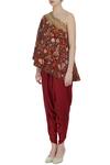 Buy Debyani + CO Maroon Chiffon, Modal Off-shoulder Floral Embroidered Cape With Draped Pants Online at Aza Fashions Buy_Debyani + CO_Maroon Chiffon, Modal Off-shoulder Floral Embroidered Cape With Draped Pants _Online_at_Aza_Fashions