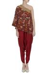 Shop Debyani + CO Maroon Chiffon, Modal Off-shoulder Floral Embroidered Cape With Draped Pants Online at Aza Fashions Shop_Debyani + CO_Maroon Chiffon, Modal Off-shoulder Floral Embroidered Cape With Draped Pants _Online_at_Aza_Fashions