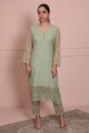 Buy_Ruh Clothing_Green Chanderi Leaf Neck Chikankari Kurta And Pant Set _at_Aza_Fashions