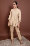 Buy_Ruh Clothing_Beige Chanderi Mandarin Collar Chikankari Peplum Top Set _at_Aza_Fashions