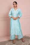 Buy_Ruh Clothing_Blue Chanderi V Neck Chikankari Kurta And Pant Set _at_Aza_Fashions