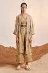 Buy_Cord_Beige Linen Printed Impression Jacket Shawl Collar Peru And Pant Set _Online_at_Aza_Fashions