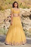 Dolly J_Yellow Silk Chiffon Embroidery Leaf Neck Adeline Bridal Lehenga Set _Online_at_Aza_Fashions