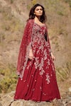 Shop_Dolly J_Maroon Silk Chiffon Embroidery V Neck Elsie Anarkali Set _at_Aza_Fashions