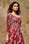 Dolly J_Maroon Silk Chiffon Embroidery V Neck Elsie Anarkali Set _Online_at_Aza_Fashions