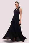 Onaya_Black Georgette Cut Work, Sequins Halter Neck Monochromatic Gown_Online_at_Aza_Fashions