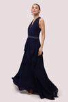 Onaya_Blue Georgette Sequins, Cut Work Halter Neck Monochromatic Drape Gown_Online_at_Aza_Fashions