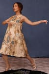 Chokhi Chorri_Beige Handwoven Silk Print Moroccan Tile Round Neck Arsia Dress _Online_at_Aza_Fashions