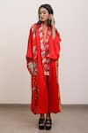 AK-OK_Red Silk Embroidery V-neck Floral Print Kimono Dress _Online_at_Aza_Fashions