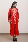 Buy_AK-OK_Red Silk Embroidery V-neck Floral Print Kimono Dress _Online_at_Aza_Fashions