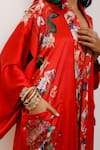 Shop_AK-OK_Red Silk Embroidery V-neck Floral Print Kimono Dress _Online_at_Aza_Fashions