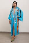 AK-OK_Blue Silk Embroidery Collared Floral Print Kimono Dress _Online_at_Aza_Fashions