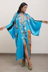 Shop_AK-OK_Blue Silk Embroidery Collared Floral Print Kimono Dress _Online_at_Aza_Fashions