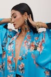 Buy_AK-OK_Blue Silk Embroidery Collared Floral Print Kimono Dress _Online