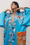 AK-OK_Blue Silk Embroidery Collared Floral Print Kimono Dress 