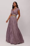 Onaya_Purple Organza Embroidery Stripe Pattern Cropped Jacket And Lehenga Set  _Online_at_Aza_Fashions