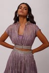 Shop_Onaya_Purple Organza Embroidery Stripe Pattern Cropped Jacket And Lehenga Set  _Online_at_Aza_Fashions