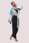 Buy_Onaya_Black Georgette Pearls Plunge Neck, Printed Pattern Tie Top And Pant Set _Online_at_Aza_Fashions