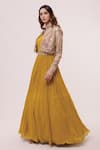 Onaya_Yellow Georgette Sequins, Cut Work, Mirrors Round Embroidered Jacket And Gown Set_Online_at_Aza_Fashions