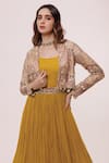 Shop_Onaya_Yellow Georgette Sequins, Cut Work, Mirrors Round Embroidered Jacket And Gown Set_Online_at_Aza_Fashions