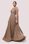 Buy_Onaya_Beige Georgette Printed And Embellished Geometric Pleated Gown  _Online_at_Aza_Fashions