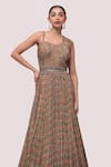 Shop_Onaya_Beige Georgette Printed And Embellished Geometric Pleated Gown  _Online_at_Aza_Fashions