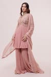 Buy Onaya Pink Georgette Embroidery, Beads V-neck Embellished Peplum Kurta Gharara Set Online at Aza Fashions Buy_Onaya_Pink Georgette Embroidery, Beads V-neck Embellished Peplum Kurta Gharara Set_Online_at_Aza_Fashions