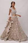 Buy_Onaya_Off White Net Embroidery Floral Leaf Neck Lehenga Set With Ruffle Dupatta_Online_at_Aza_Fashions