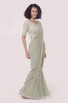 Buy_Onaya_Green Lycra Embroidery Pre-draped Lace Trim Saree With Work Blouse _Online_at_Aza_Fashions