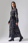 Klad_Black Crepe Printed Floral Collared Neck Front-open Maxi Dress With Belt_Online_at_Aza_Fashions
