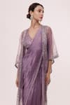 Shop_Onaya_Purple Silk Embellished Sequin V Neck Jacket And Pre-stitched Saree Set _Online_at_Aza_Fashions