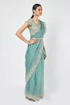 Buy_Onaya_Green Organza Sequin And Cut Dana Work V Neck Embroidered Saree With Blouse _Online_at_Aza_Fashions