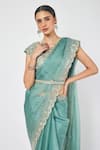 Shop_Onaya_Green Organza Sequin And Cut Dana Work V Neck Embroidered Saree With Blouse _Online_at_Aza_Fashions