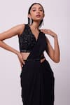 Buy_Onaya_Black Georgette Embellished Blouse And Ruffle Pre-draped Saree Set _Online_at_Aza_Fashions