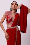 Onaya_Maroon Lycra Net Floral Embroidered Blouse And Pre-draped Saree Set  _Online_at_Aza_Fashions